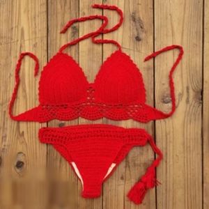NEW Red Push Up Crochet Bikini Swimwear Swimsuit Boho Handmade Tulum Summer Sexy